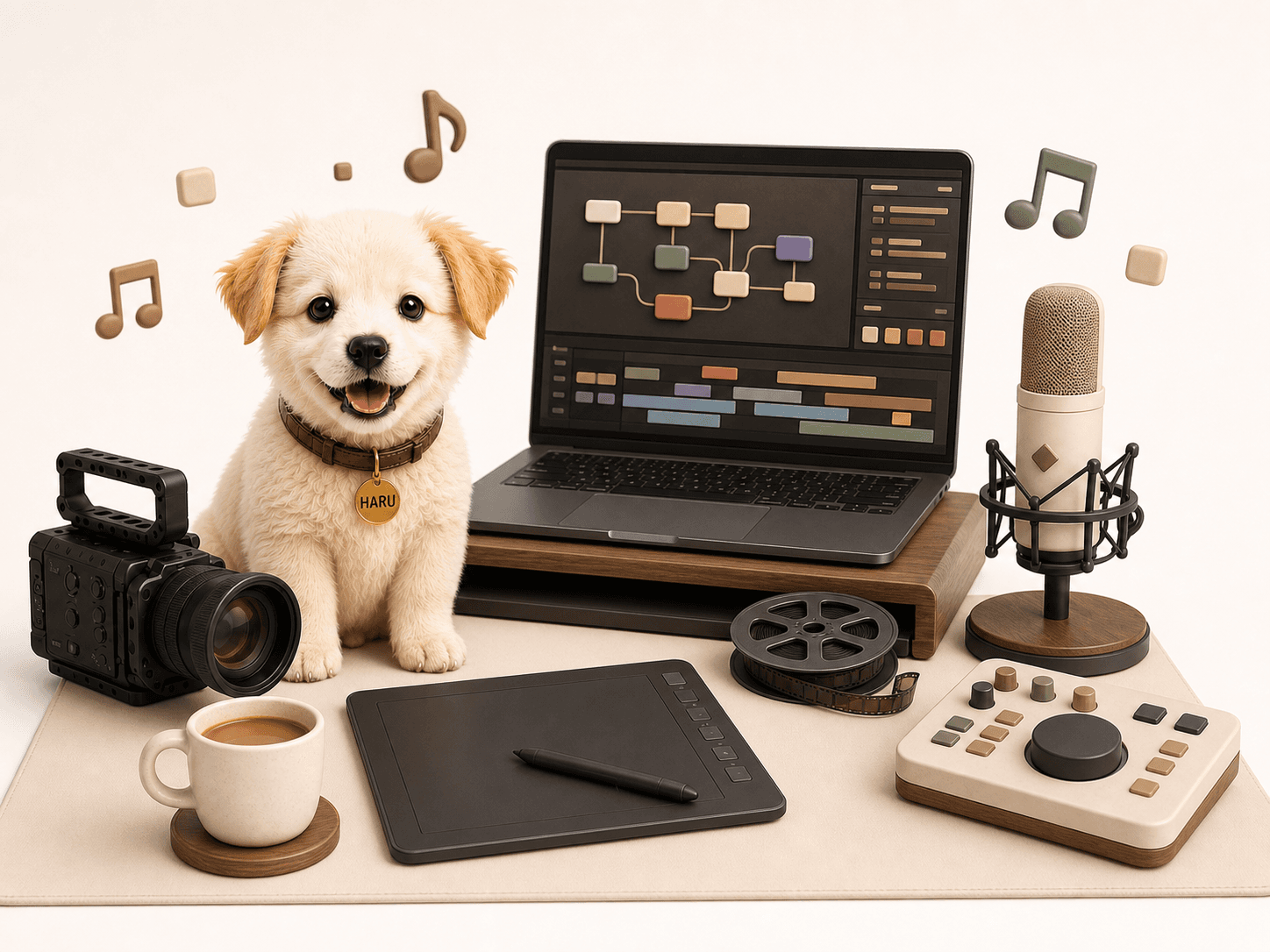 HARU beside a camera laptop microphone film reel editing tablet and coffee cup in the FourFeetz studio