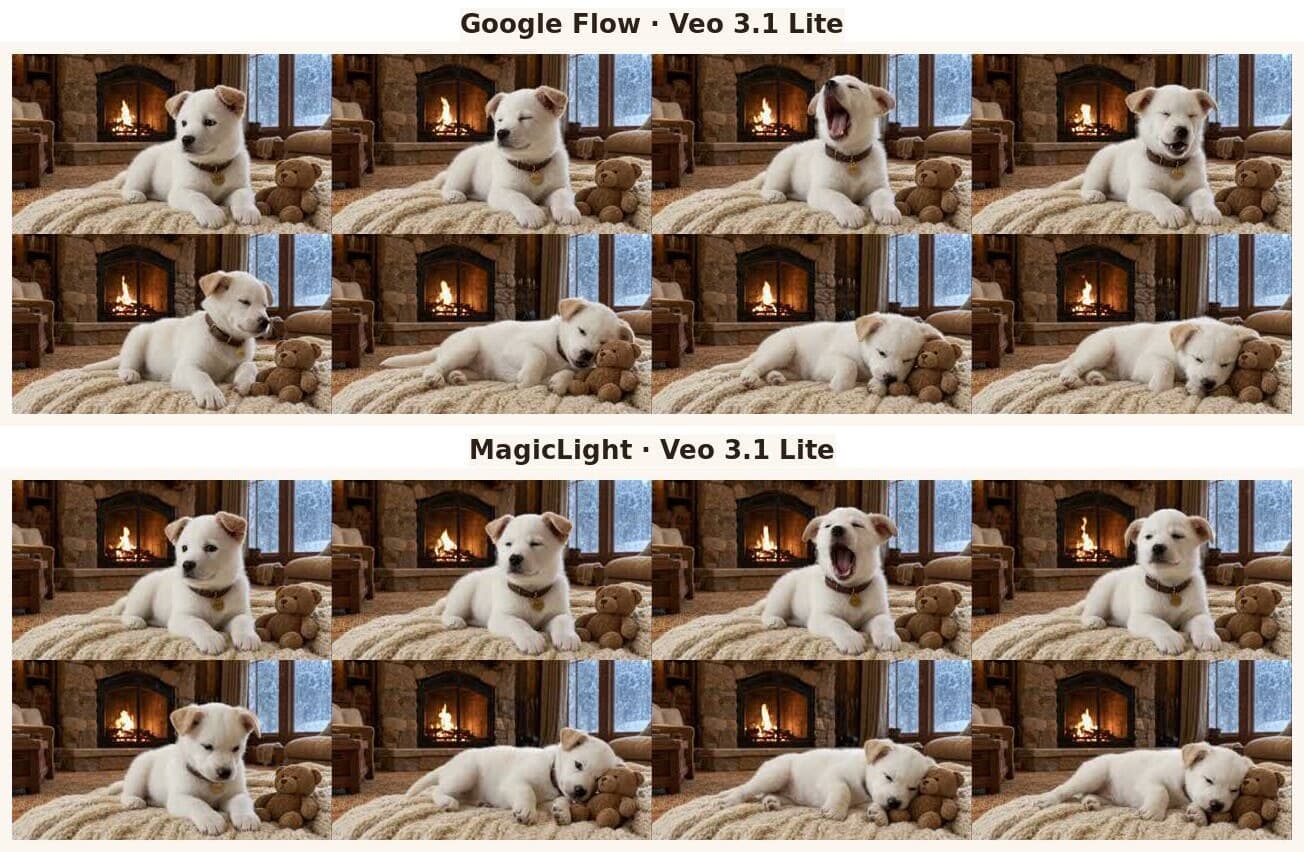 Frame sequence comparison of Veo 3.1 Lite generated in Google Flow and MagicLight