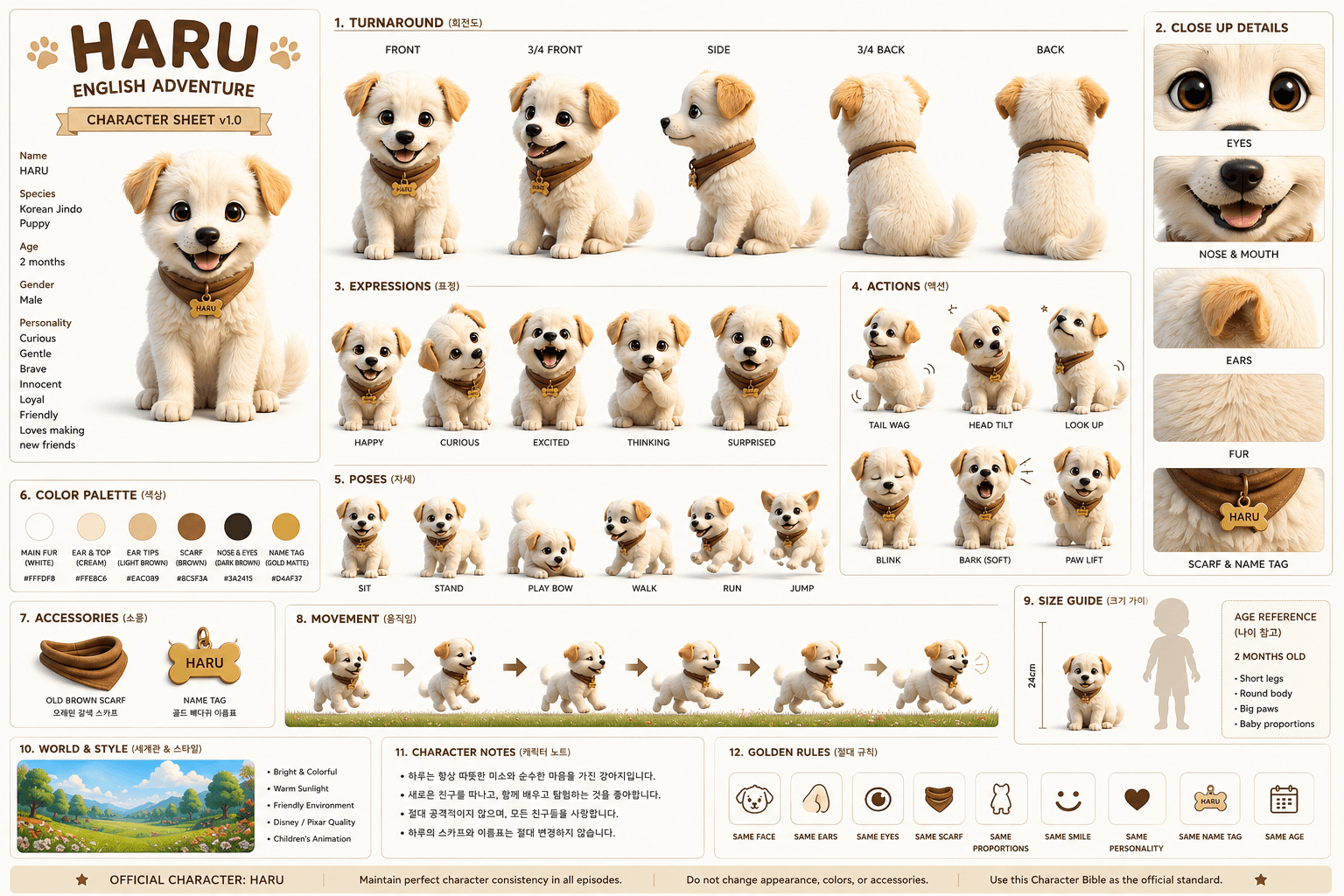 HARU character sheet showing turnaround views, expressions, actions, poses, movement, accessories, palette, scale, and identity rules