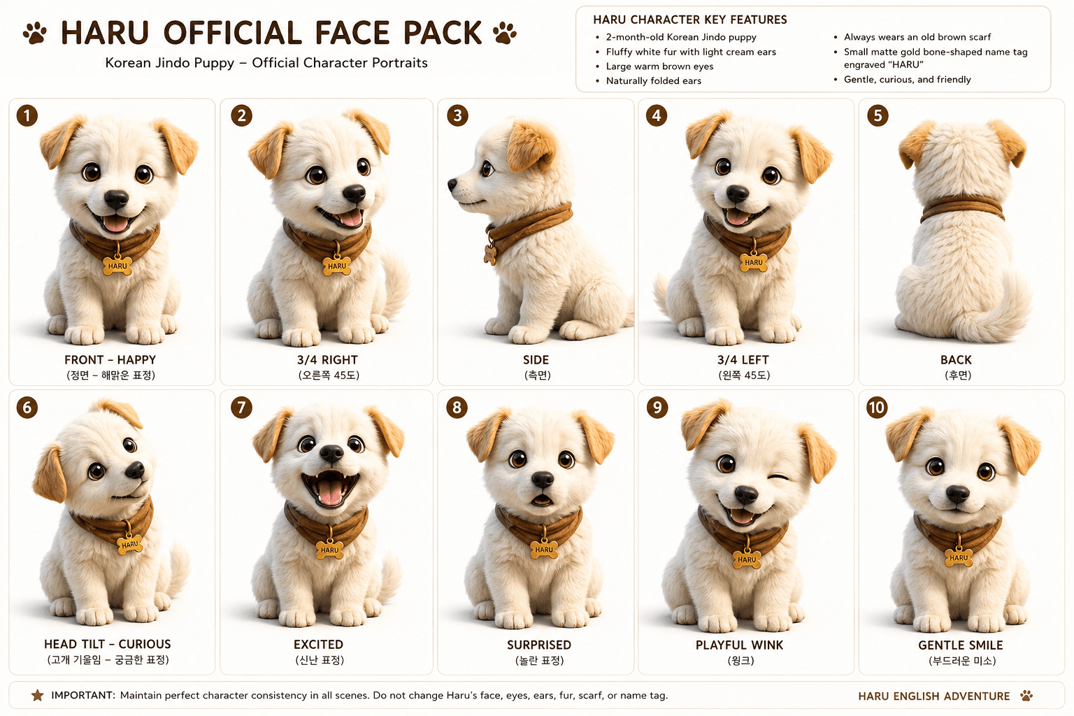 HARU official face pack with front, three-quarter, side, back, curious, excited, surprised, wink, and gentle smile views