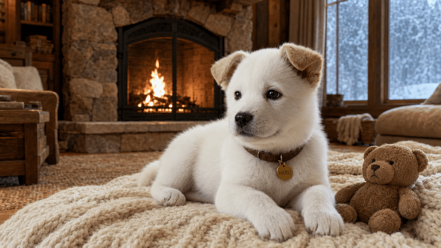 HARU lying on a cream rug beside a fireplace on a snowy winter evening