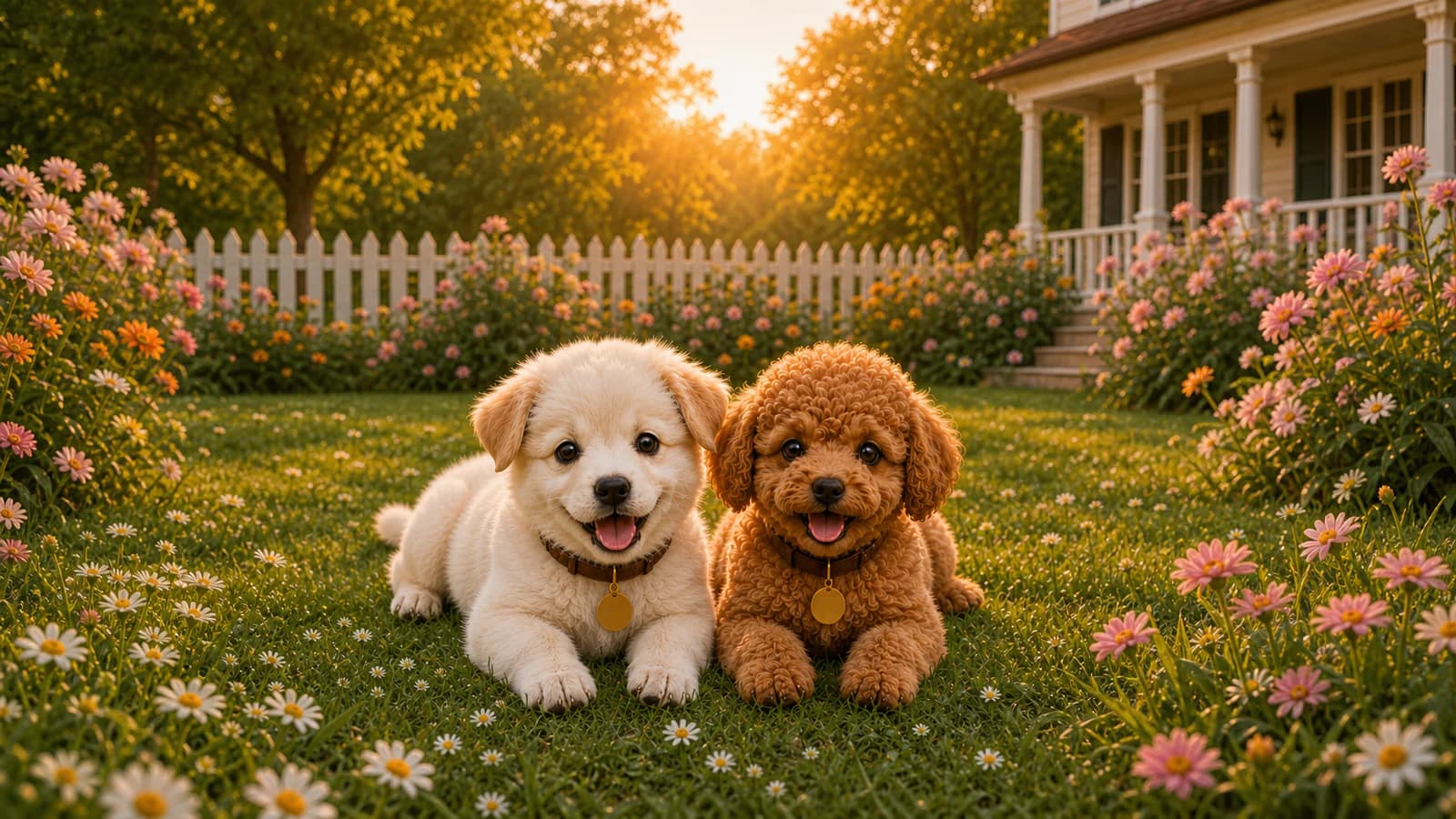 HARU and PORI together in a flower garden at golden hour, composed as a 16:9 landscape scene