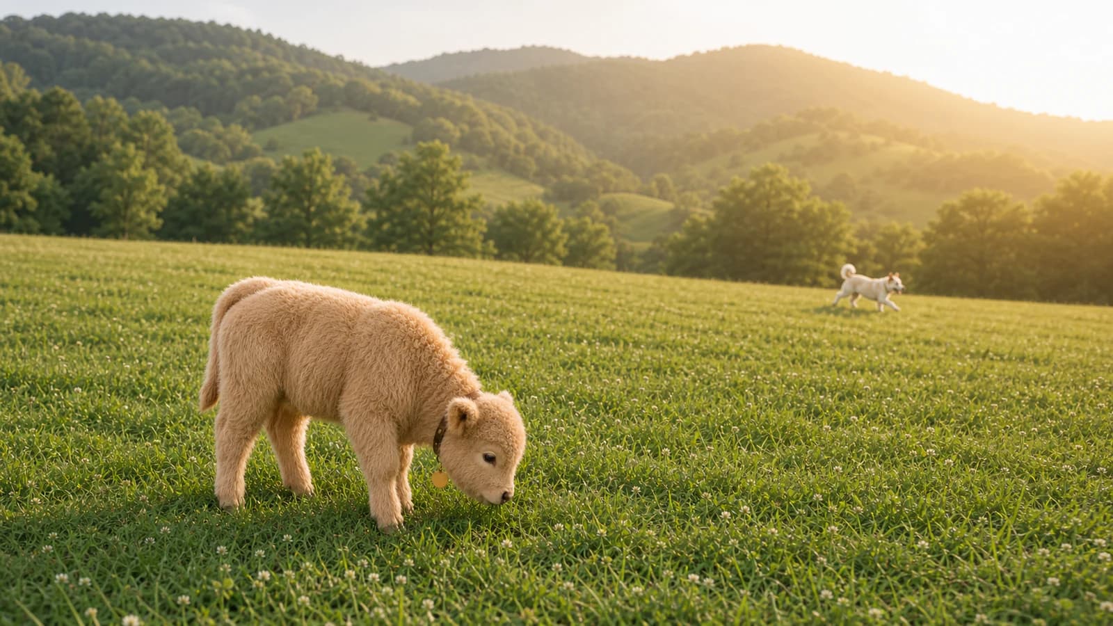 HUGO grazing while HARU runs through a golden meadow in a 16:9 landscape scene