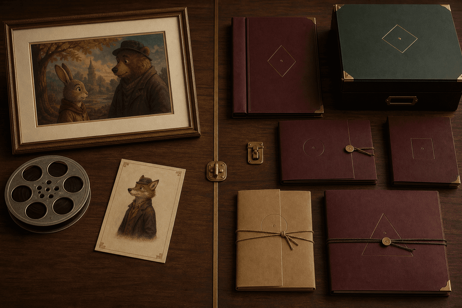 Walnut studio archive divided between public finished artwork and closed burgundy and green production folios