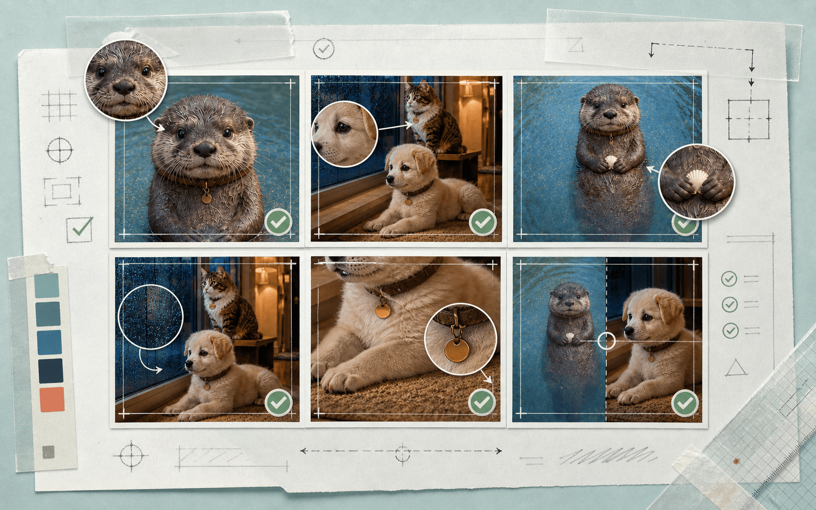 Editorial animal-short review sheet with frame tiles and callouts for faces, paws, name tags, backgrounds, cameras and edit joins