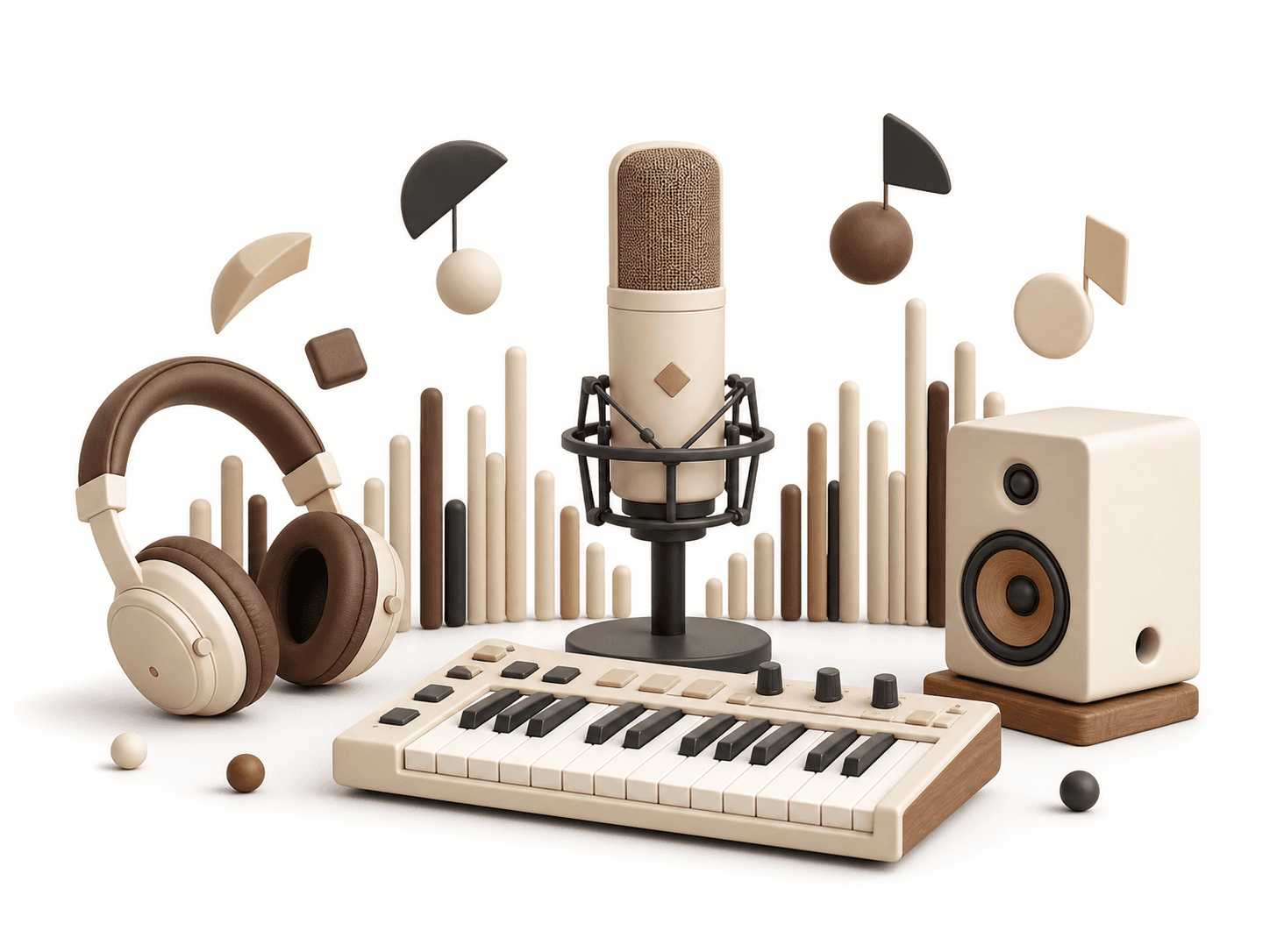 FourFeetz music studio with microphone headphones MIDI keyboard and speaker