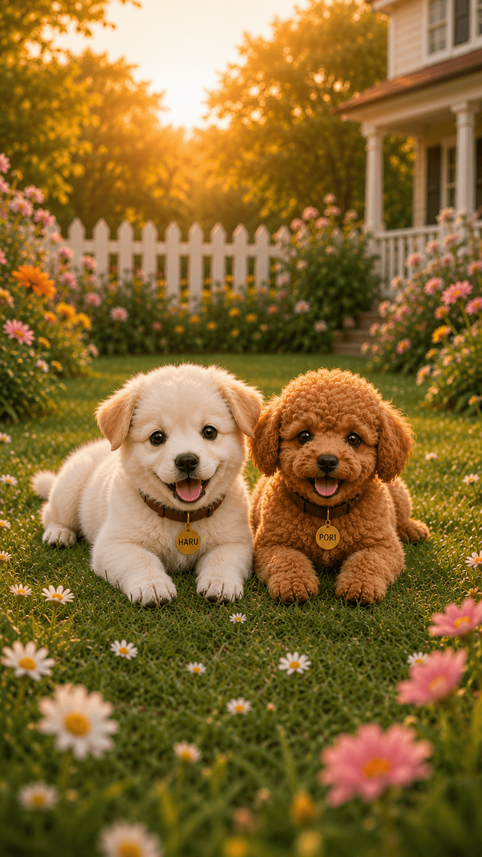 HARU and PORI lying side by side in a flower-filled garden at golden hour