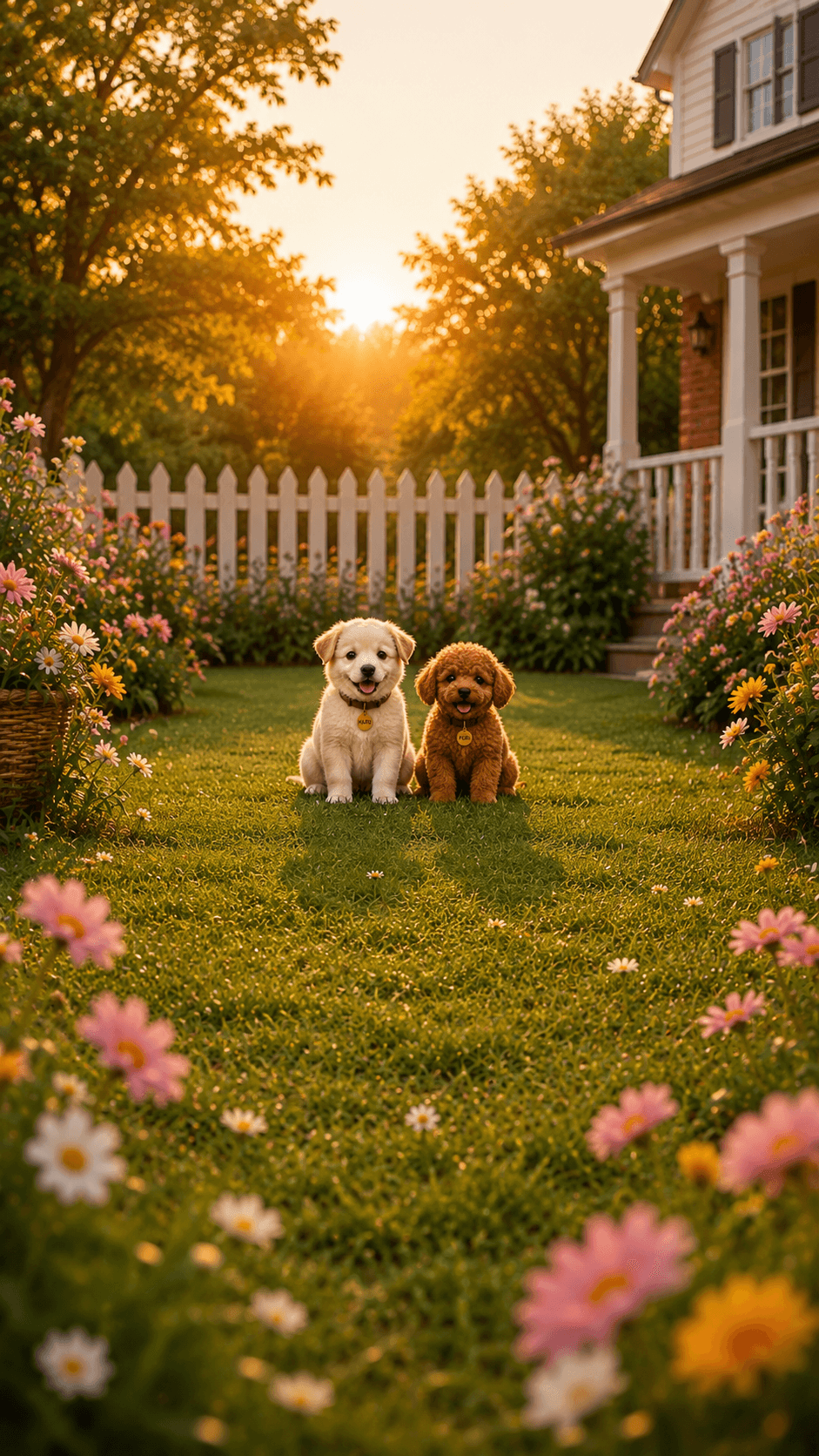 Wide vertical view of HARU and PORI together in a warm flower garden