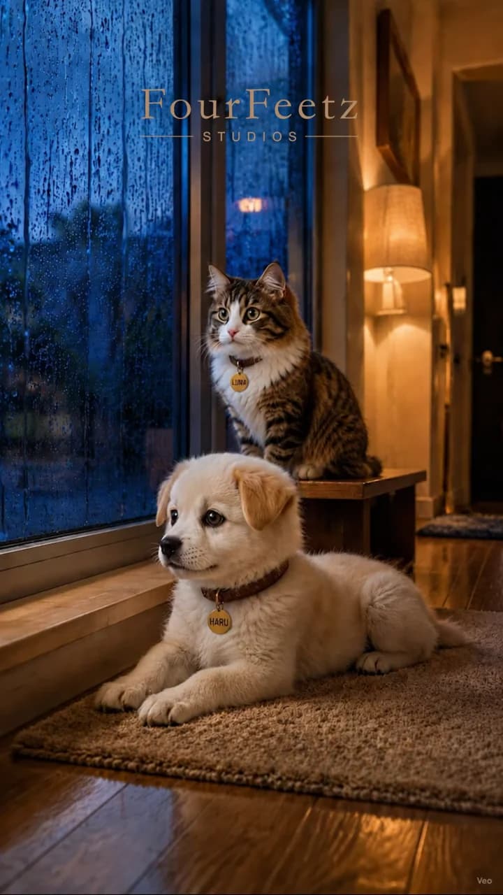 HARU and LUNA beside a rainy window