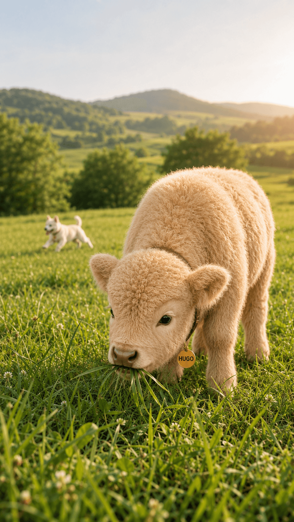 HUGO grazing in a sunlit meadow while HARU runs in the background