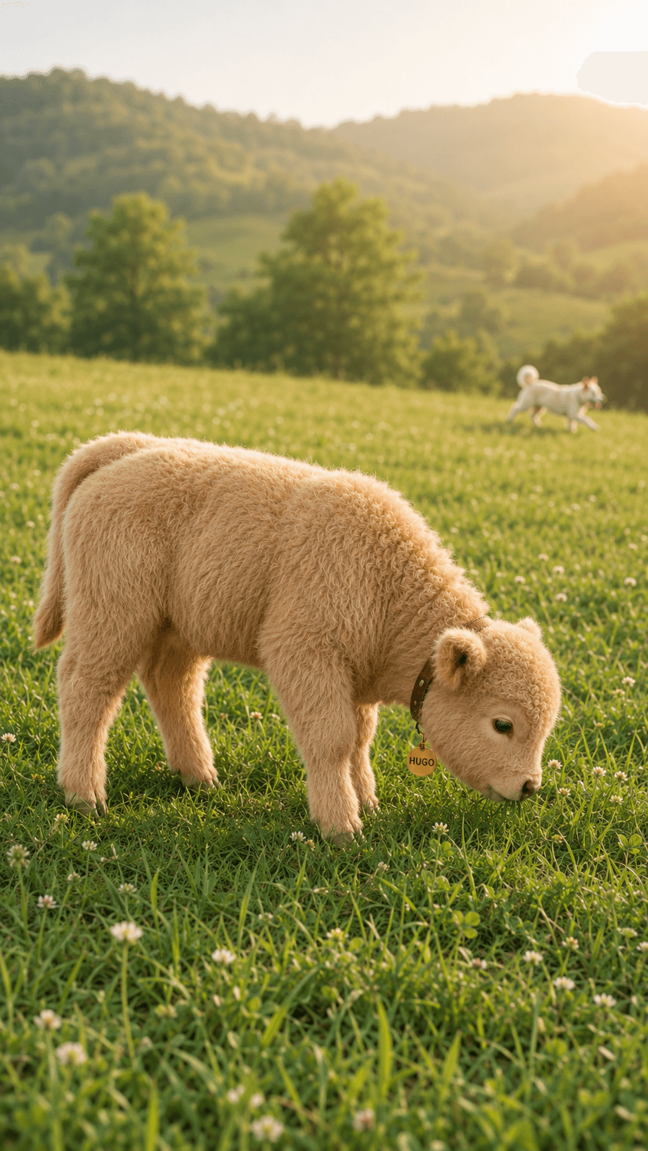 A wide profile of HUGO grazing with HARU crossing the distant meadow