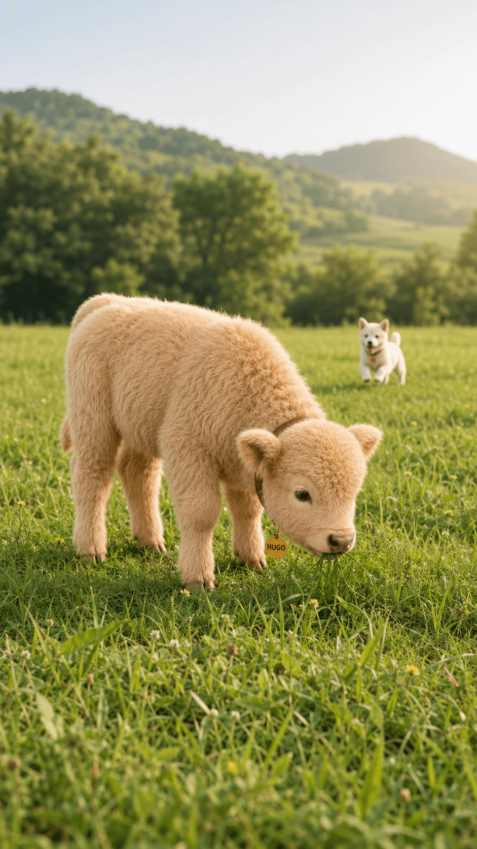 HUGO in a green meadow with HARU approaching from behind
