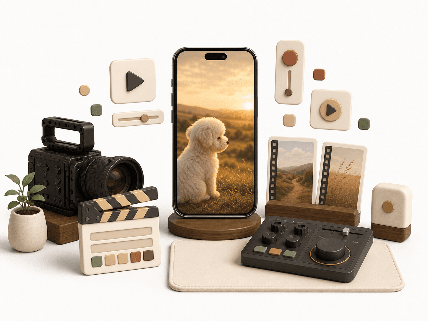 FourFeetz short-form filmmaking setup with a vertical phone camera clapperboard and editing controls