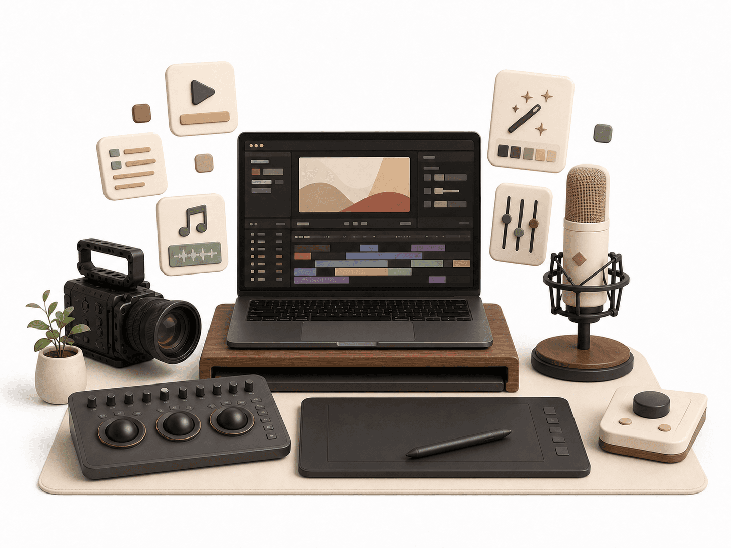 FourFeetz AI production toolkit with laptop camera microphone editing controls and drawing tablet