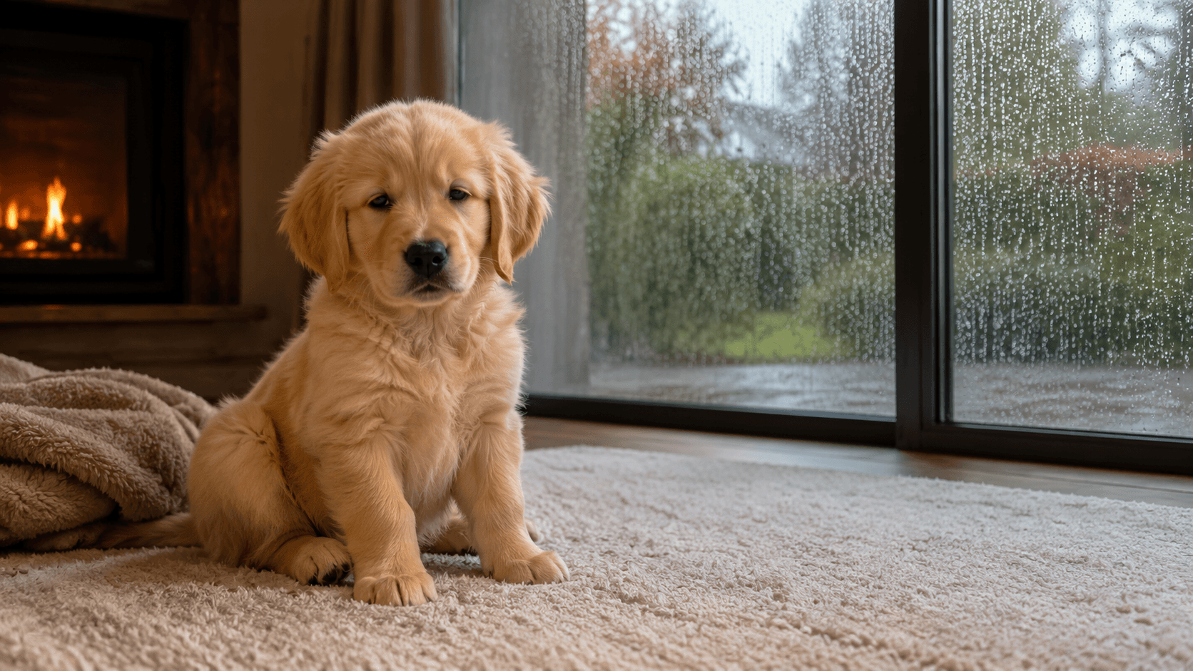 A young golden puppy sitting on a cream rug between a warm fireplace and a rain-covered window