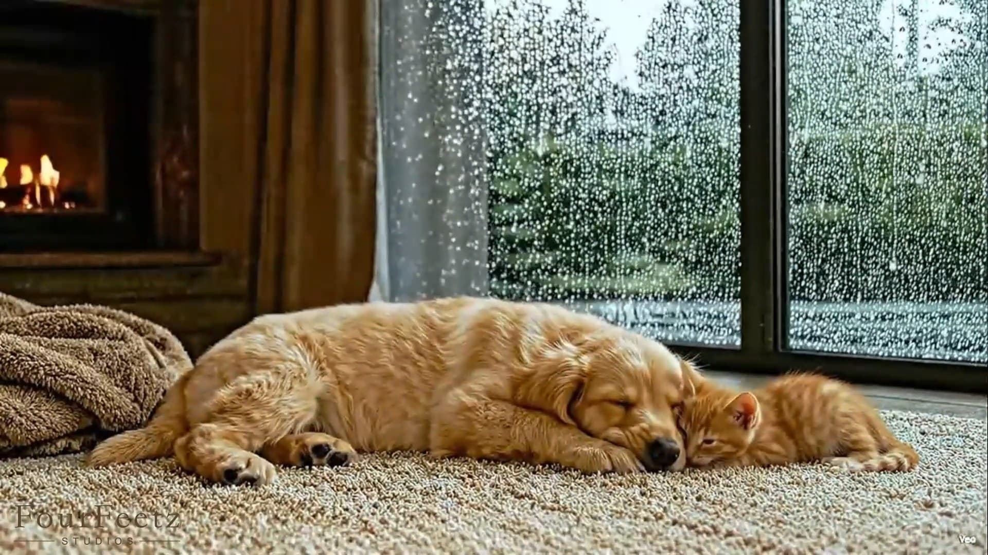 A puppy and ginger kitten sleeping together beside a fireplace and a rain-covered window