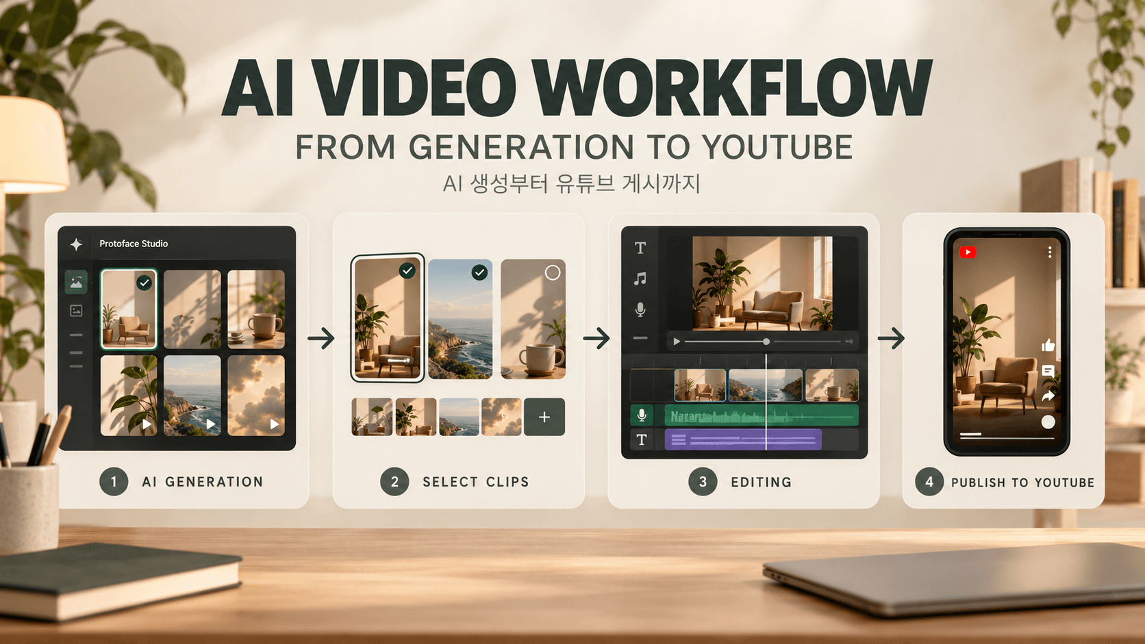 Four-step AI video workflow from generation and clip selection to editing and YouTube publishing