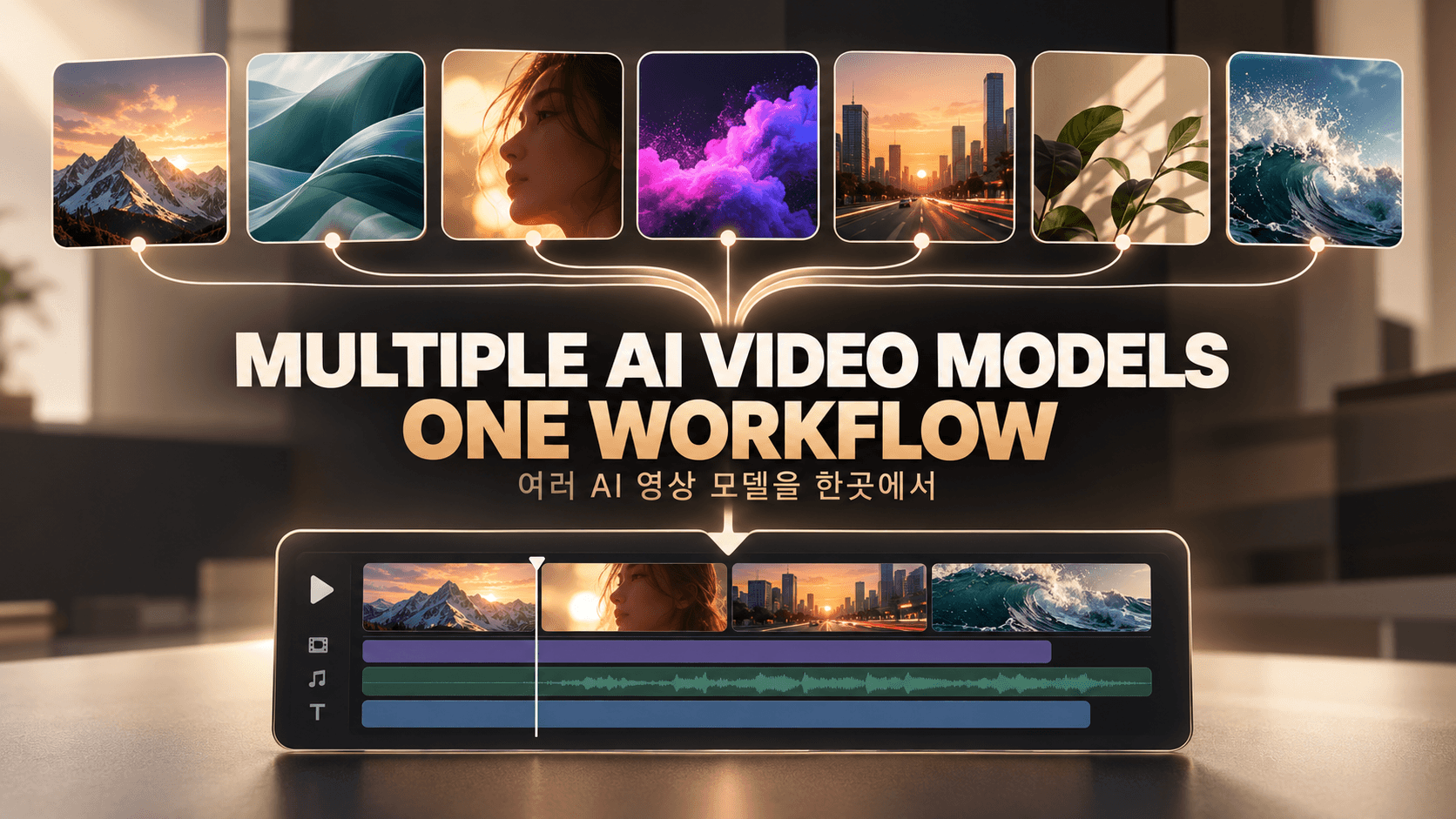 Seven visual AI video options converging into one editing workflow