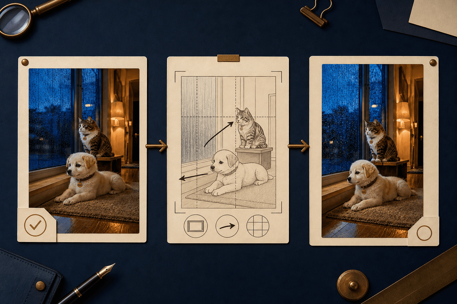 Three-stage FourFeetz production board connecting a rainy-window First Shot, scene plan and finished short